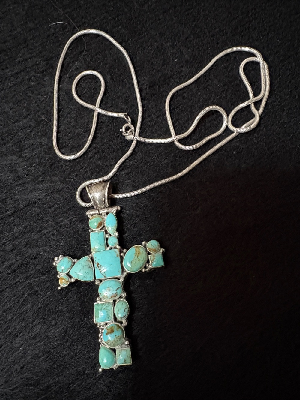 Vintage 925 Sterling Silver Turquoise Cross Pendant Necklace
